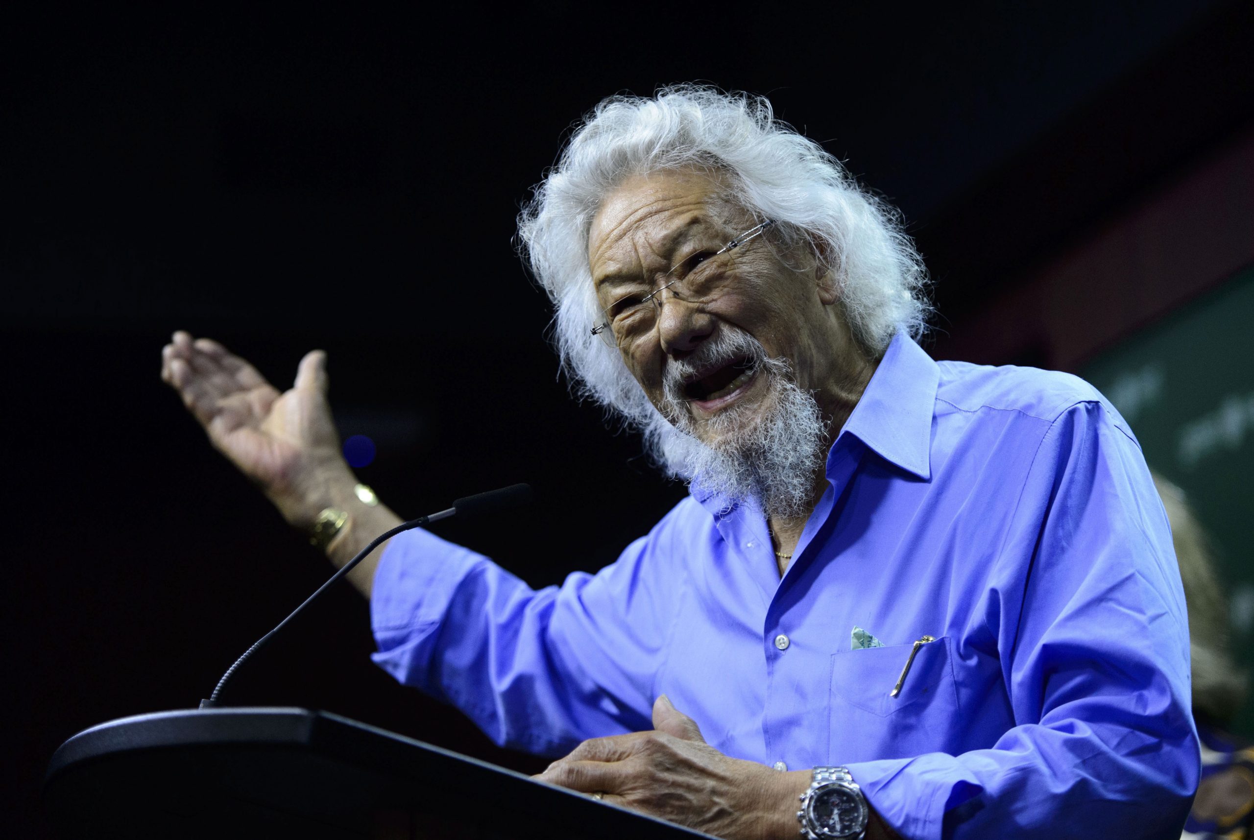 Environmentalist David Suzuki joins Green Party Leader Elizabeth May during a press conference on Parliament Hill in Ottawa on Friday, June 14, 2019. Two leading Canadian activists say voters need to look at climate change in the upcoming federal election as if we are country at war against greenhouse gas emissions. THE CANADIAN PRESS/Sean Kilpatrick northeastern BC