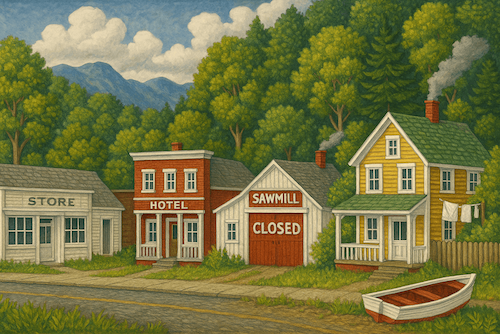 Digitally rendered illustration of small colourful houses with trees and cloudy sky in the background, created for Resource Works.