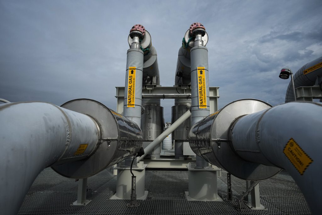 A pipeline receiving platform which will be connected to the Coastal GasLink natural gas pipeline terminus at the LNG Canada export terminal under construction, in Kitimat, B.C., on Sept. 28, 2022.