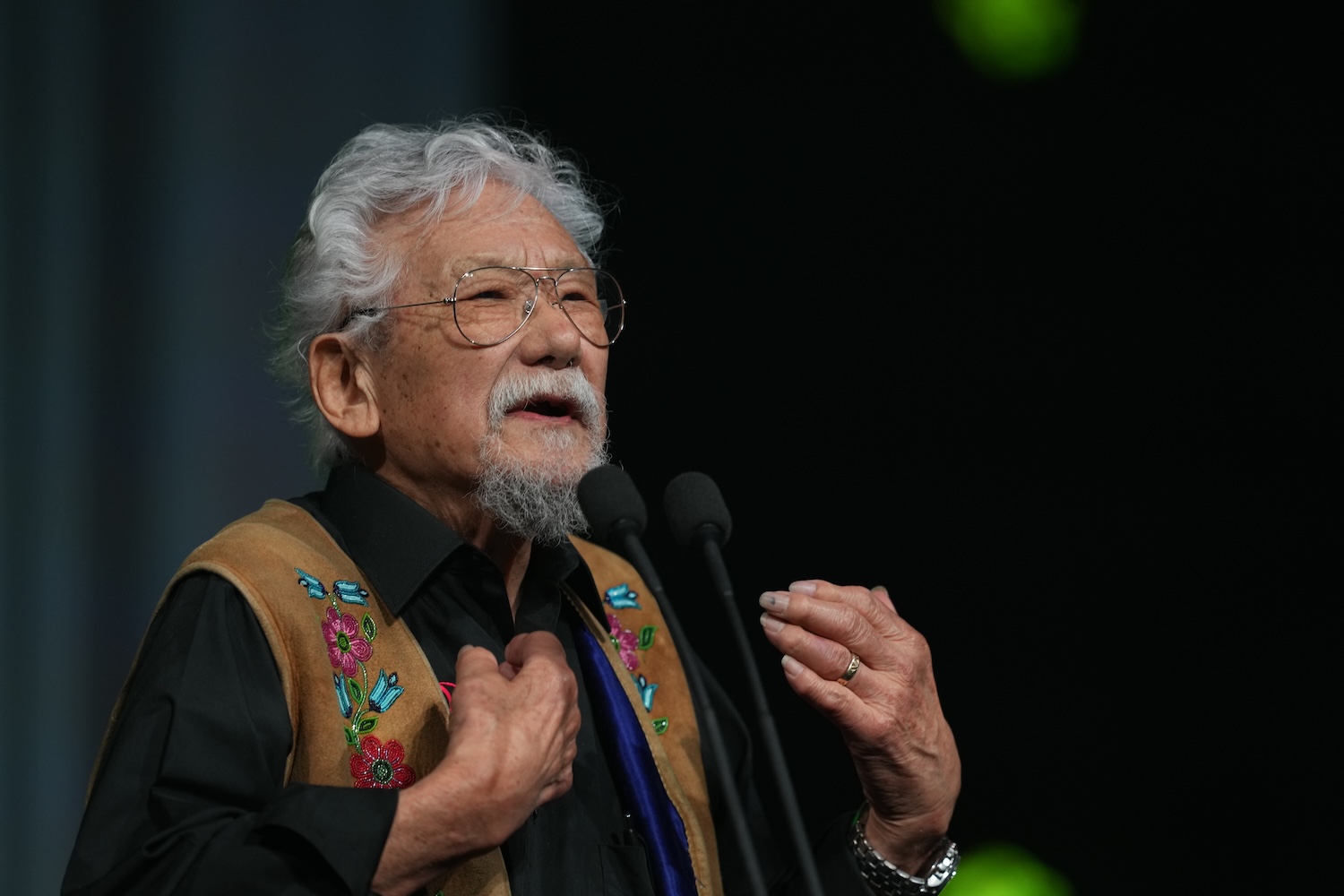 Noted LNG critic David Suzuki speaks during the Juno Awards Gala in Vancouver, on Saturday, March 29, 2025. THE CANADIAN PRESS/Ethan Cairns.