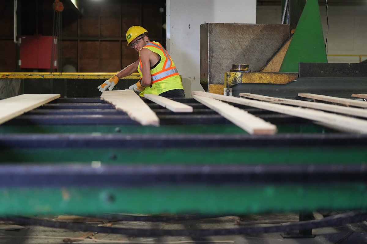 A worker sorts lumber at the Gorman Brothers Lumber sawmill, in West Kelowna, B.C., on Tuesday, August 5, 2025. THE CANADIAN PRESS/Darryl Dyck