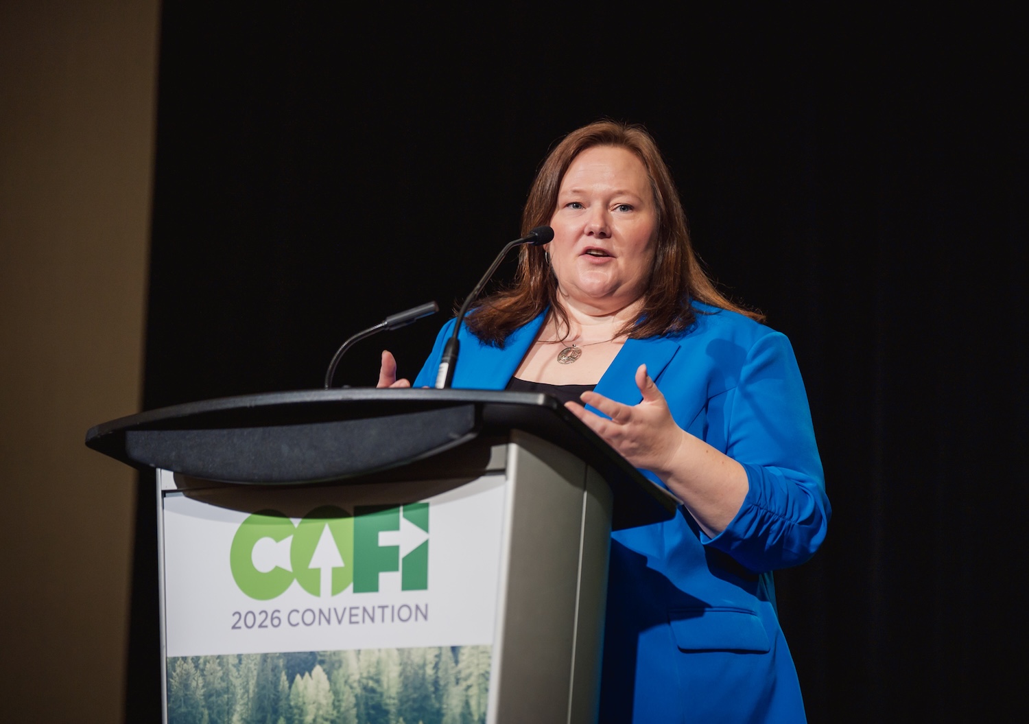 COFI president and CEO Kim Haakstad addresses delegates at COFI 2026.