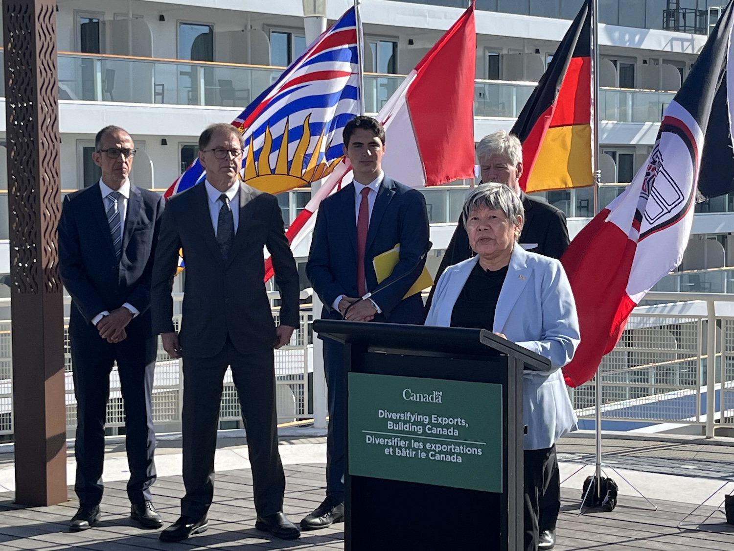 Nisga’a Nation President Eva Clayton speaking on German offtake agreement May 27. | Nelson Bennett Photo