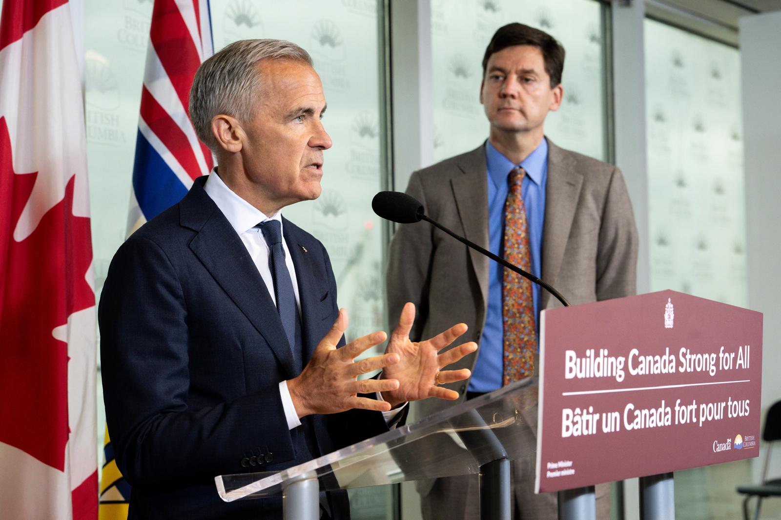 Prime Minister Mark Carney speaks during an announcement with B.C. Premier David Eby in Vancouver, on Thursday, July 2, 2026. THE CANADIAN PRESS/Ethan Cairns
