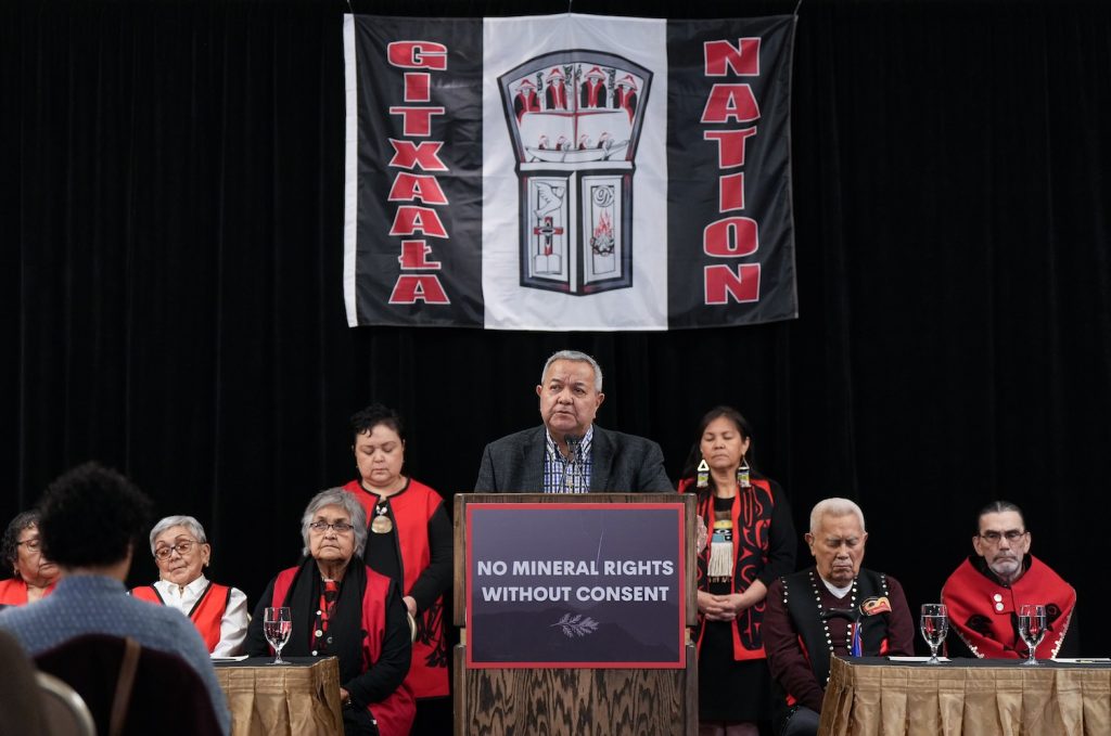Gitxaala chiefs at a news conference in 2023 during BC Supreme Court case on claim staking.