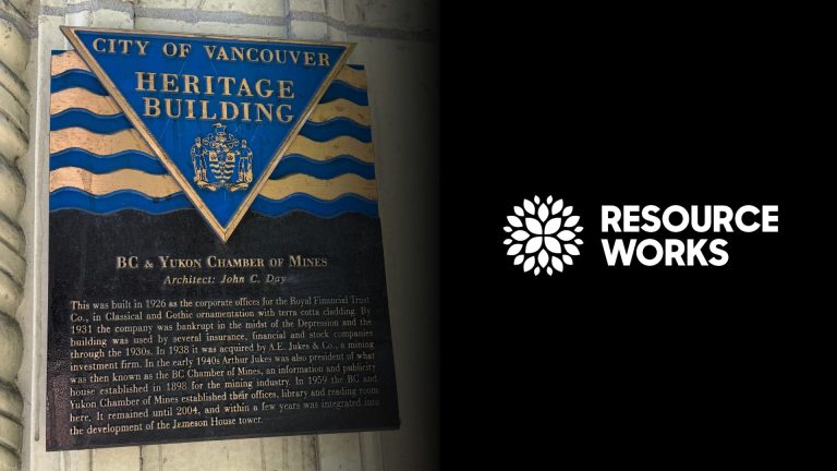 City of Vancouver Heritage Building BC & Yukon Chamber of mines plaque and Resource Works logo