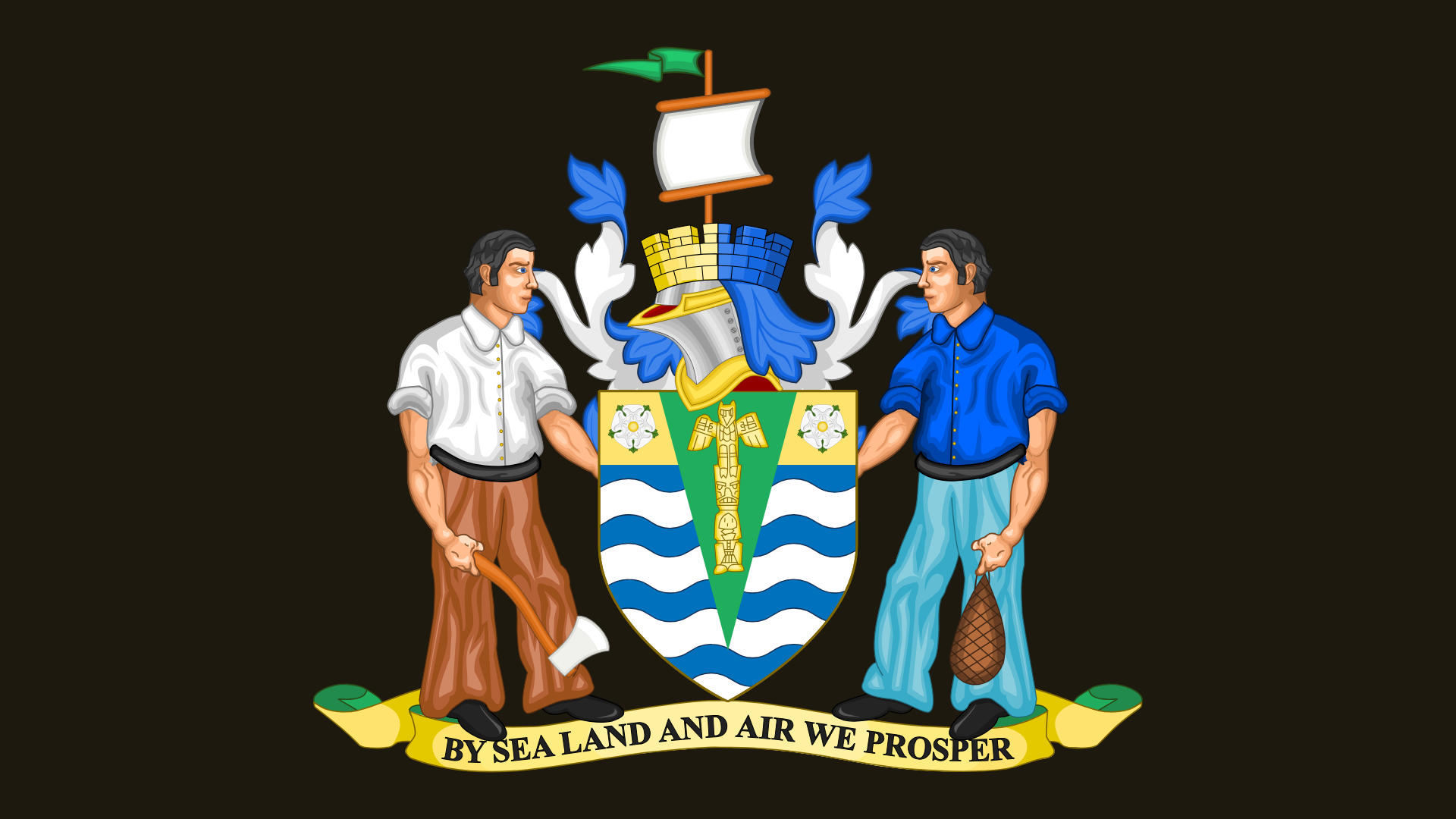 In 1969 the City of Vancouver was granted a coat of arms. A logger and a fisherman hold up the shield. A ship crowns it. The sea runs through the middle. Image by Jack Ryan Morris - Own work, CC BY-SA 4.0